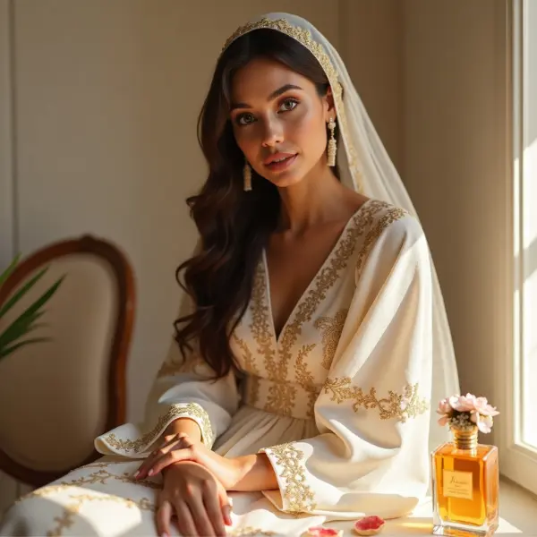 Flacon de parfum pour femme sur fond doré avec fleurs orientales