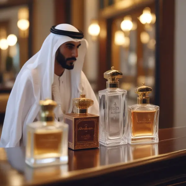 Flacon de parfum masculin sur fond sobre avec touches métalliques et éléments de luxe